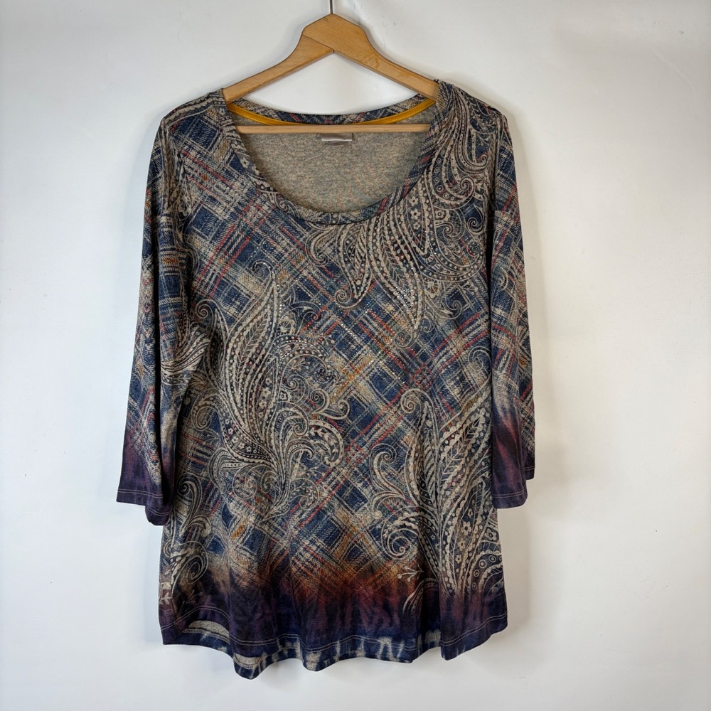 Avenue Top Women 18/20 Blue Paisley Plaid Rhinestone 3/4 Sleeve Scoop Neck